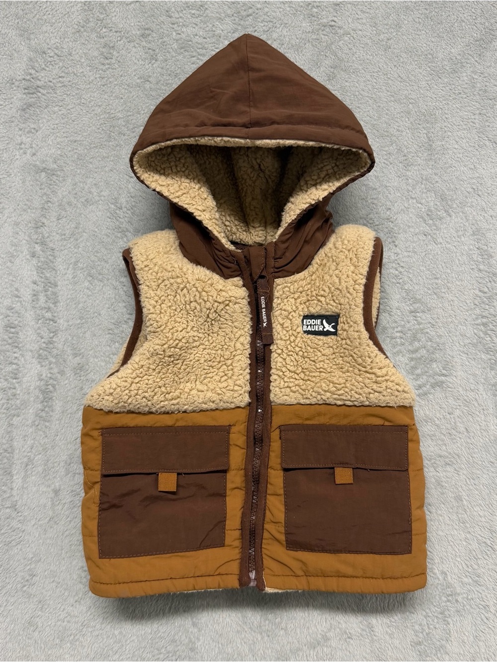 Eddie Bauer Kids 2T Sherpa Fleece Hooded Vest Brown Tan Full Zip Outdoor